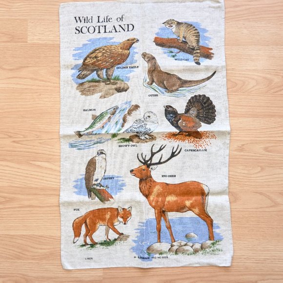 Vintage Wild Life of Scotland Print Linen Tea Towel - Picture 1 of 5